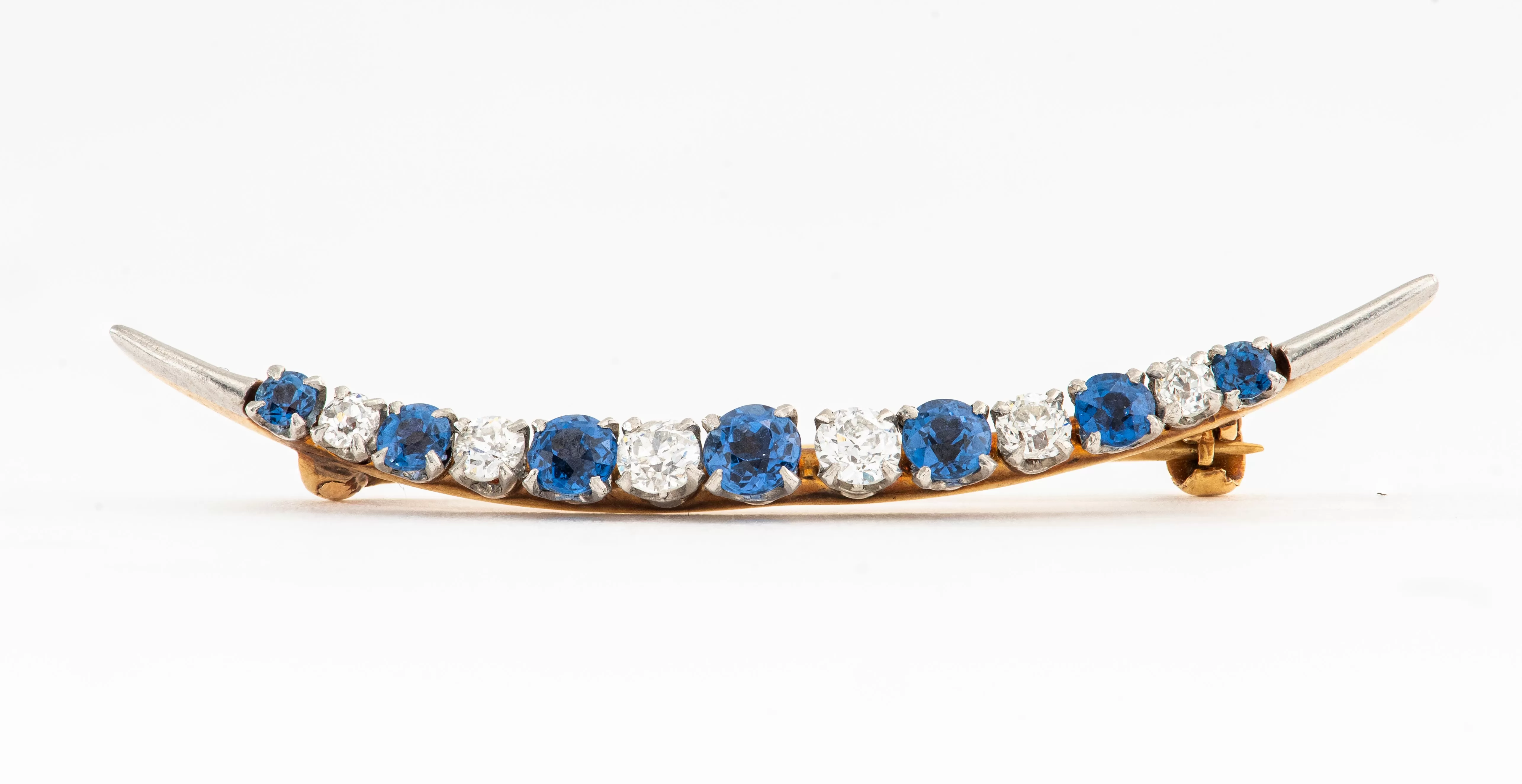 14K Gold / Platinum Diamond Sapphire Crescent Pin