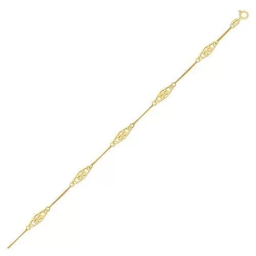 14k Yellow Gold Anklet with Fancy Diamond Shape Filigree Stations, size 10''