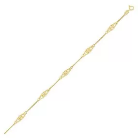 14k Yellow Gold Anklet with Fancy Diamond Shape Filigree Stations, size 10''