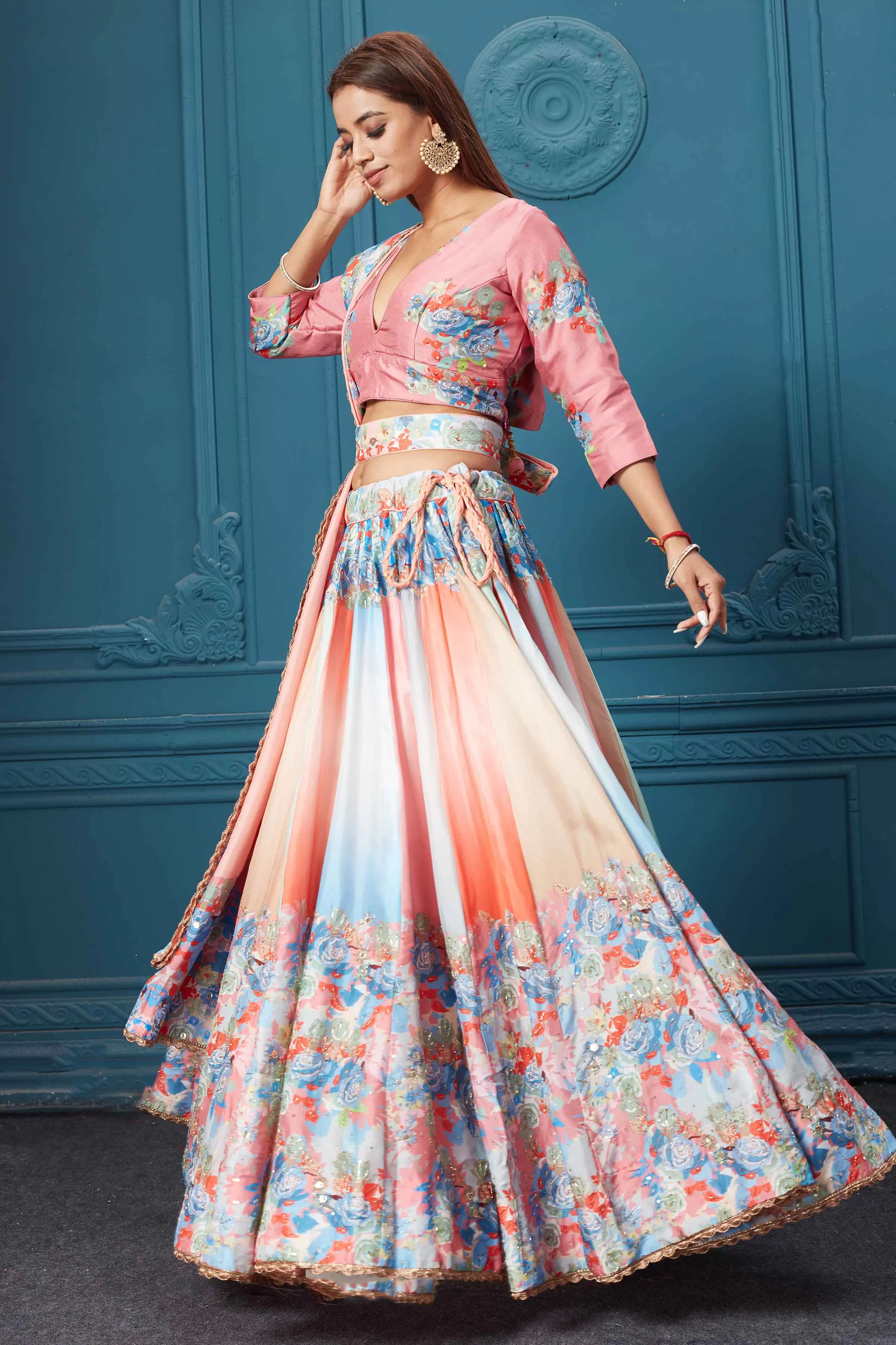 310026 Peach Floral Lehenga with Dupatta and Belt