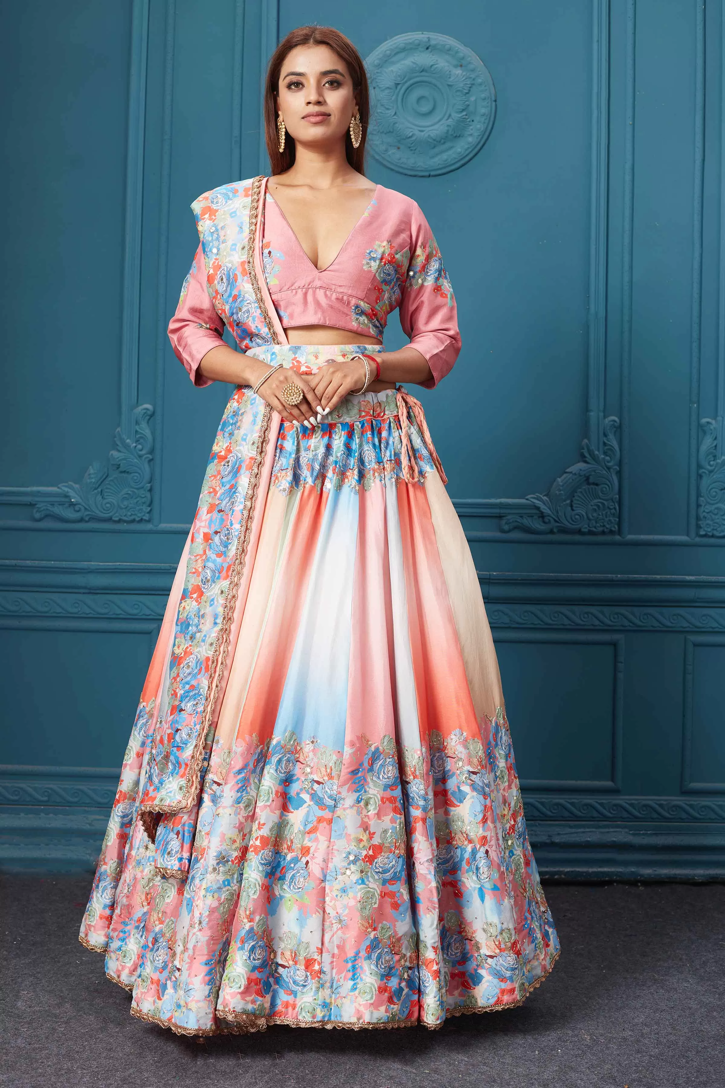 310026 Peach Floral Lehenga with Dupatta and Belt