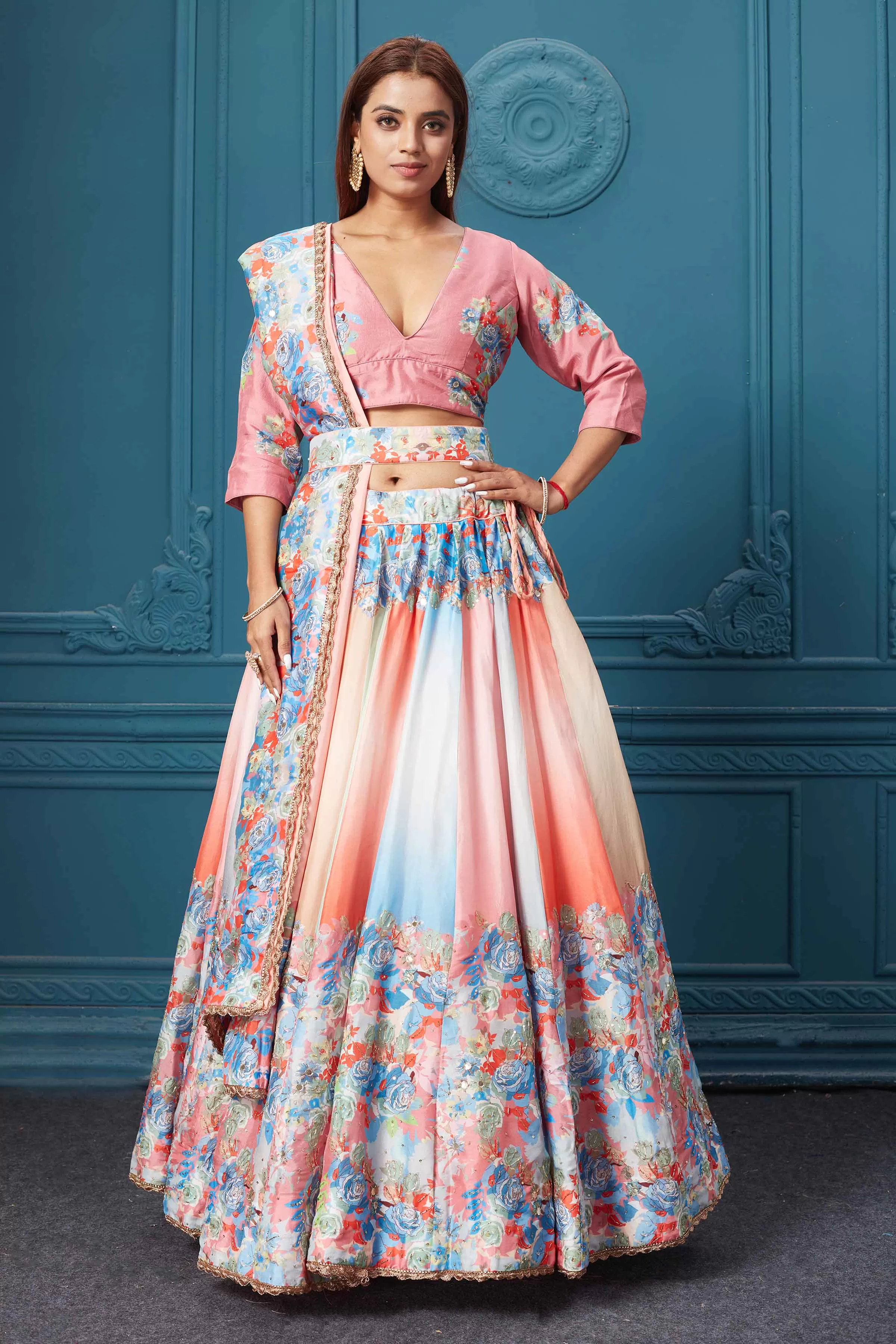 310026 Peach Floral Lehenga with Dupatta and Belt