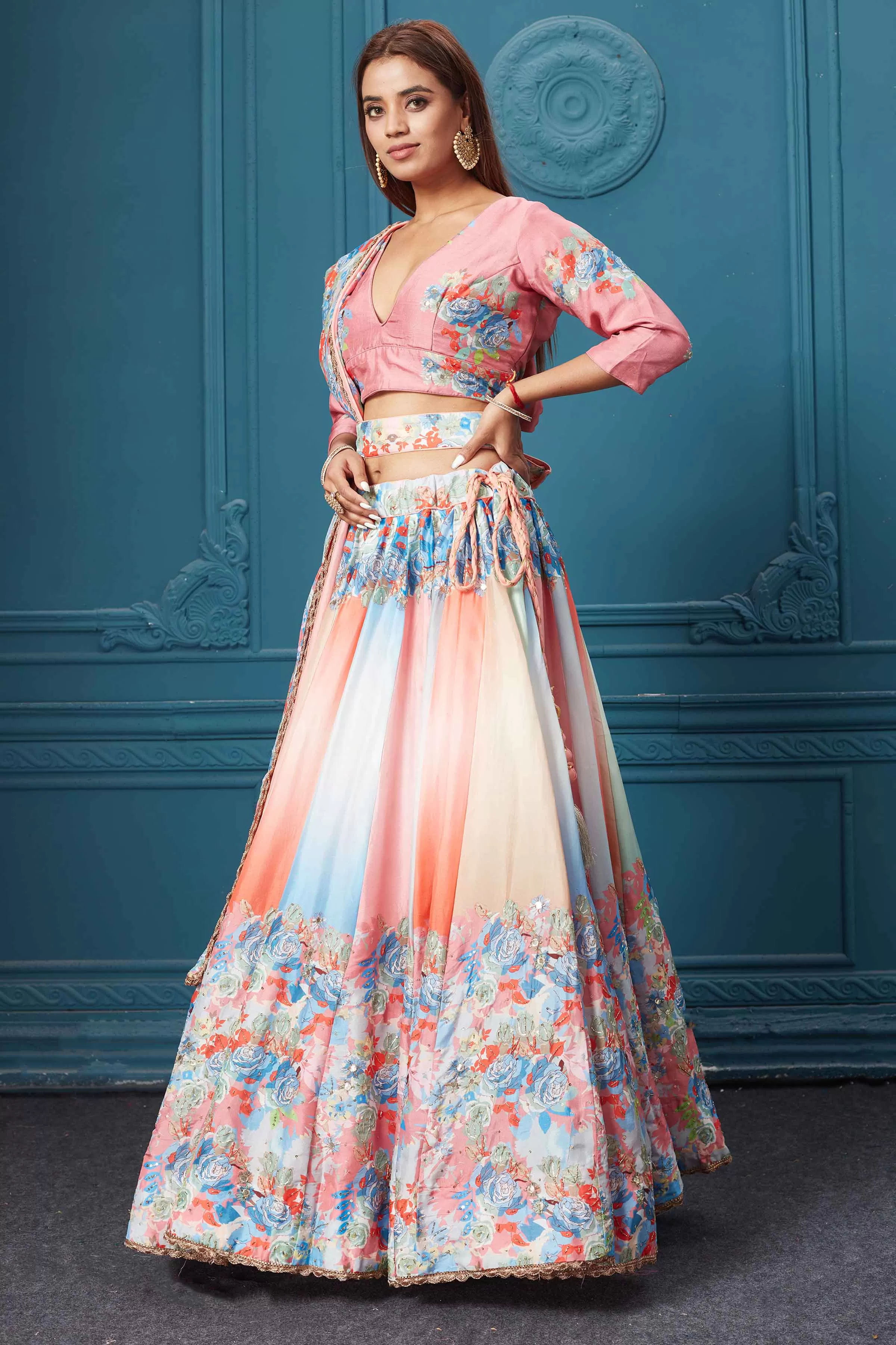 310026 Peach Floral Lehenga with Dupatta and Belt