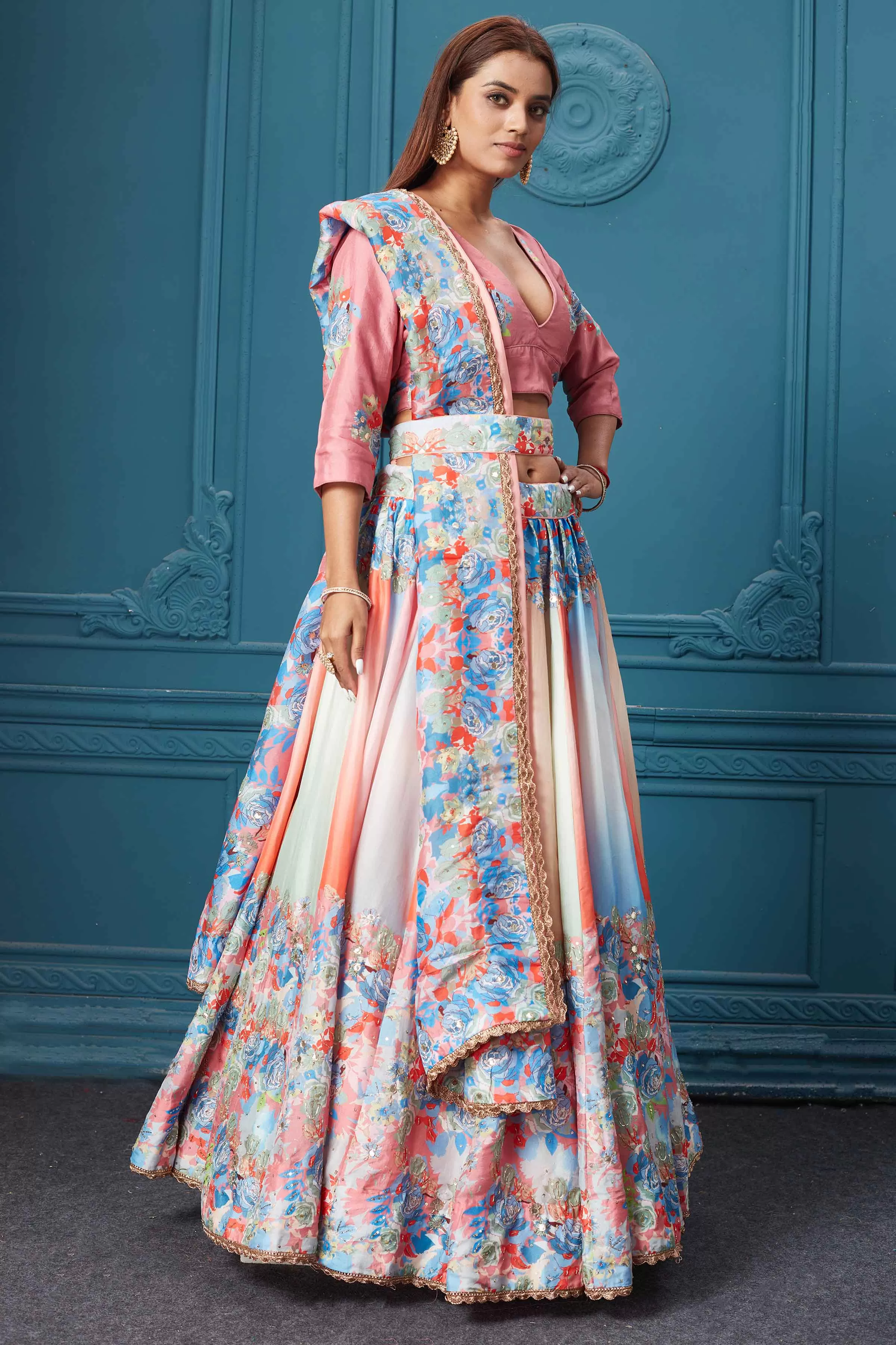 310026 Peach Floral Lehenga with Dupatta and Belt