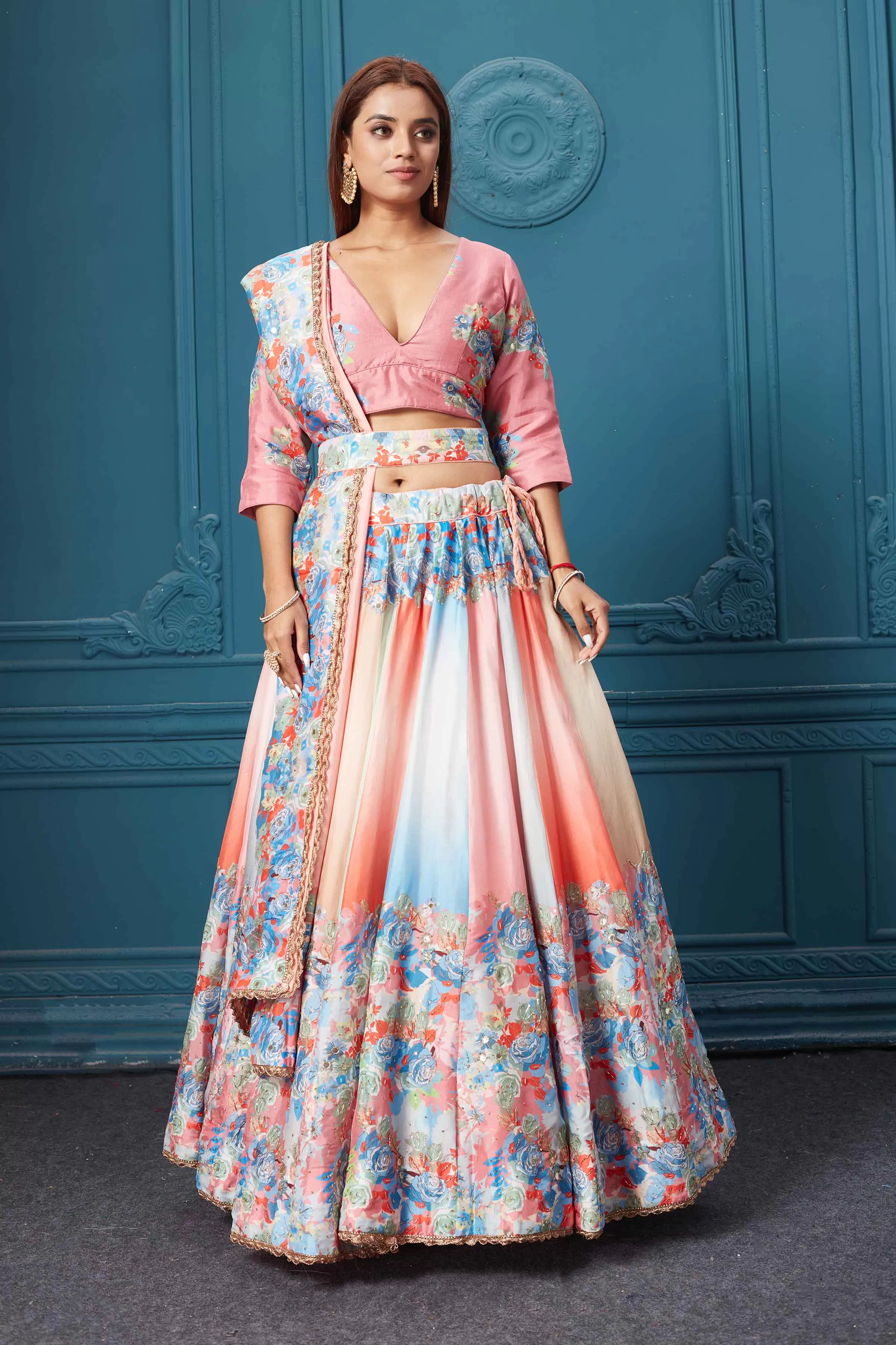 310026 Peach Floral Lehenga with Dupatta and Belt