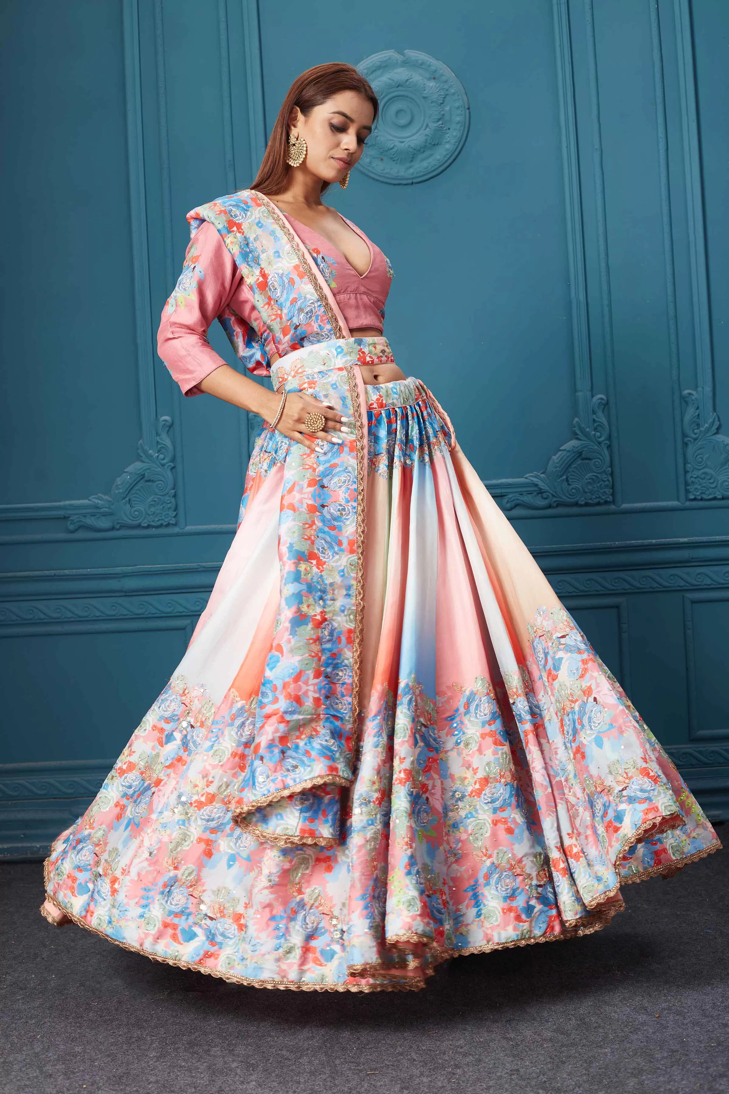 310026 Peach Floral Lehenga with Dupatta and Belt