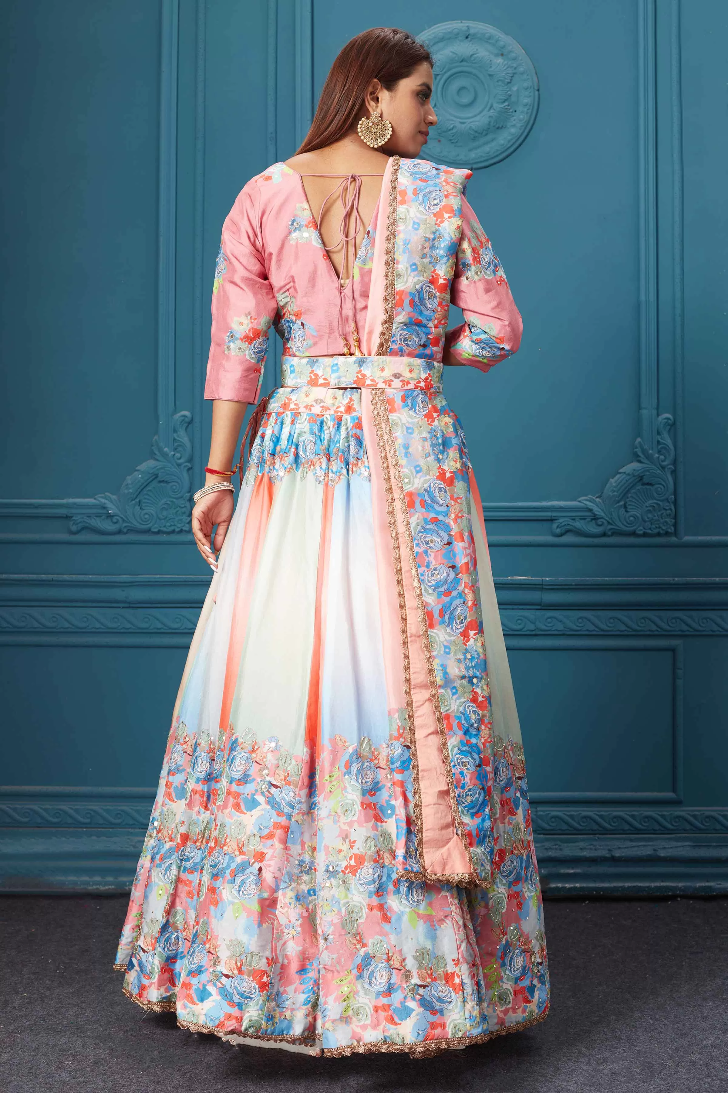 310026 Peach Floral Lehenga with Dupatta and Belt