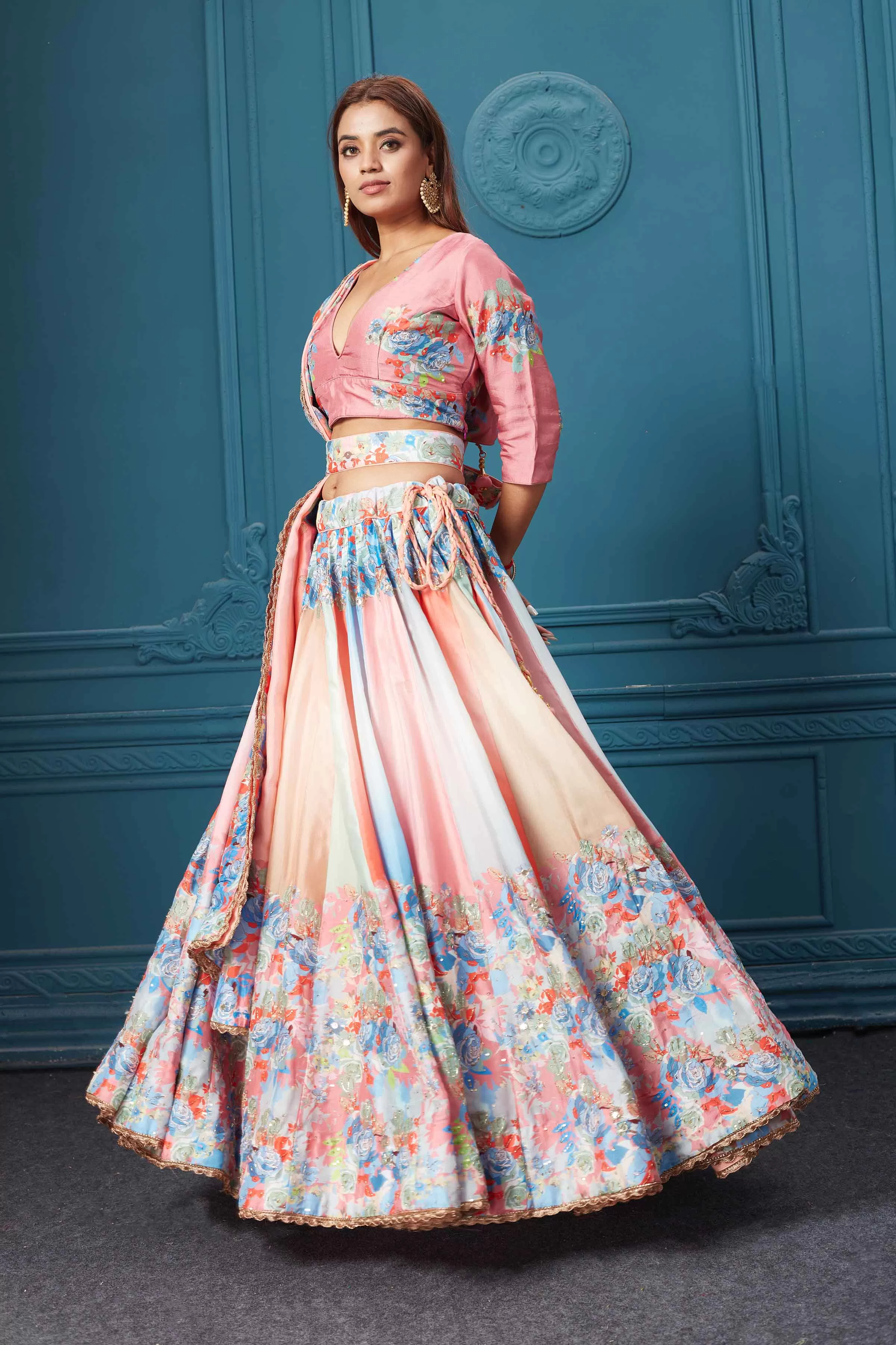 310026 Peach Floral Lehenga with Dupatta and Belt