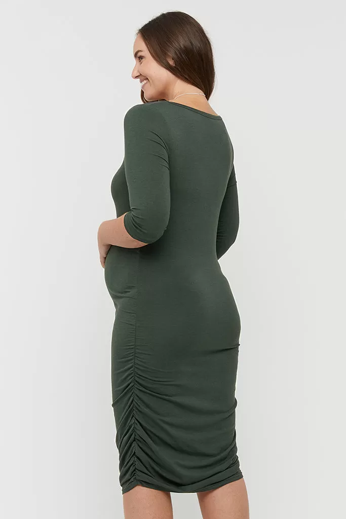 3/4 Sleeve Ruched Dress - Forest