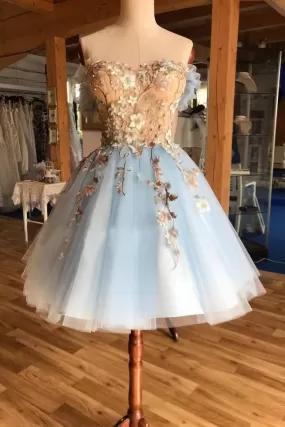 A Line Light Blue Off The Shoulder Above Knee Homecoming Prom Dress, With Appliques