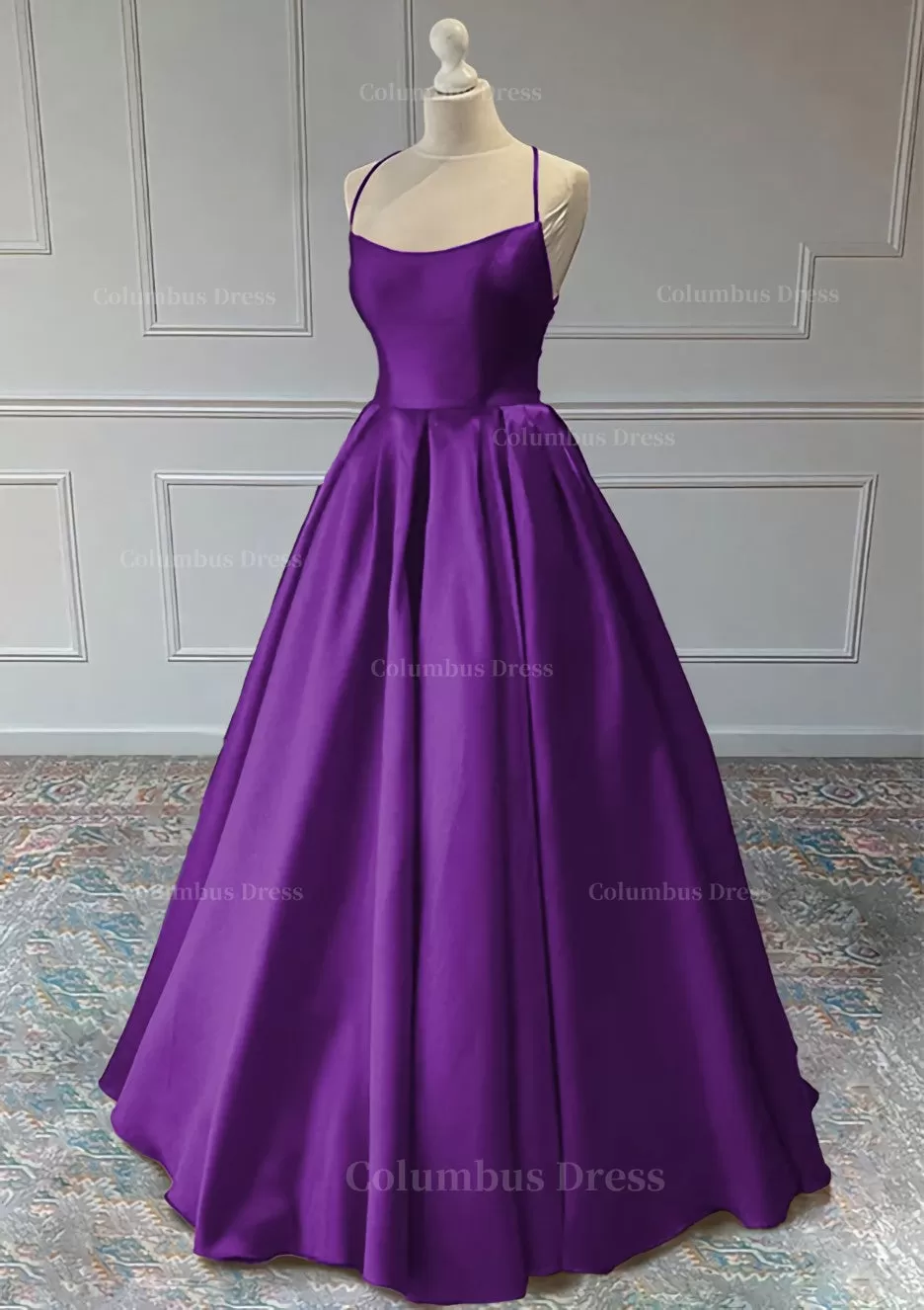 A line Sleeveless Square Neckline Long Formal Dresses, Floor-Length Satin Prom Dress