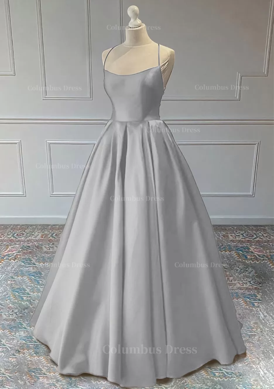 A line Sleeveless Square Neckline Long Formal Dresses, Floor-Length Satin Prom Dress