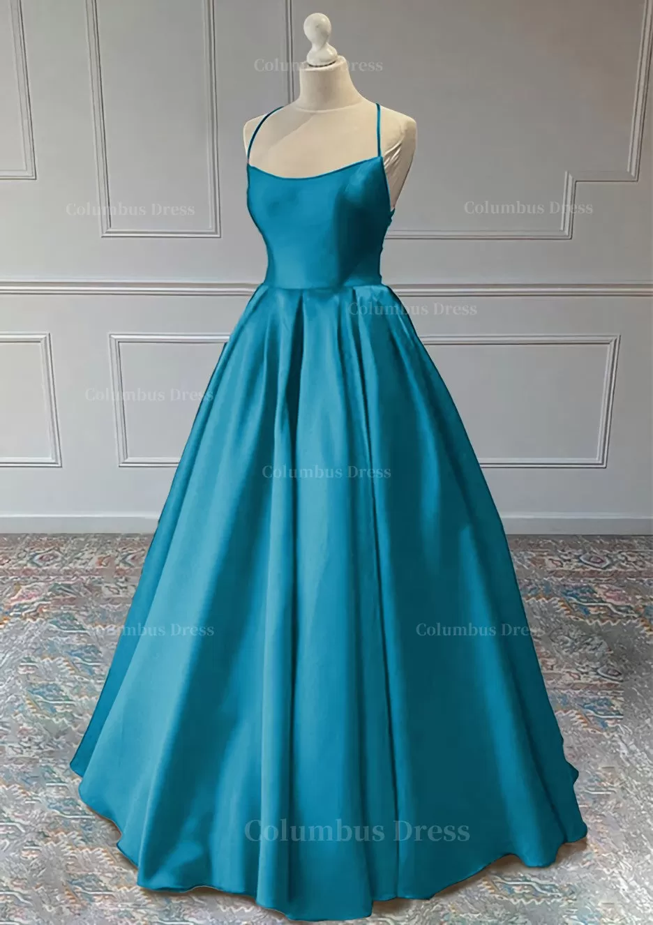 A line Sleeveless Square Neckline Long Formal Dresses, Floor-Length Satin Prom Dress