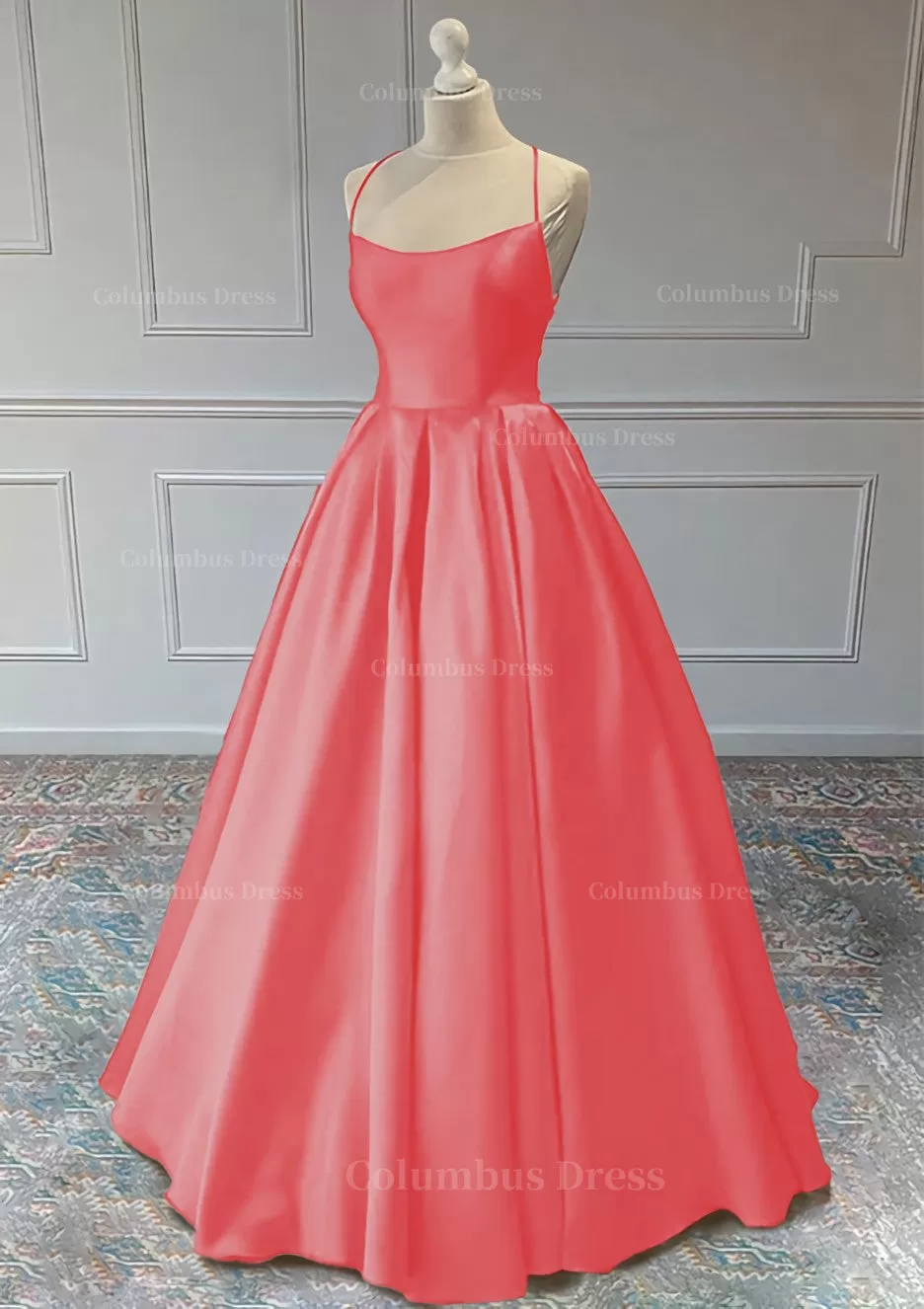 A line Sleeveless Square Neckline Long Formal Dresses, Floor-Length Satin Prom Dress