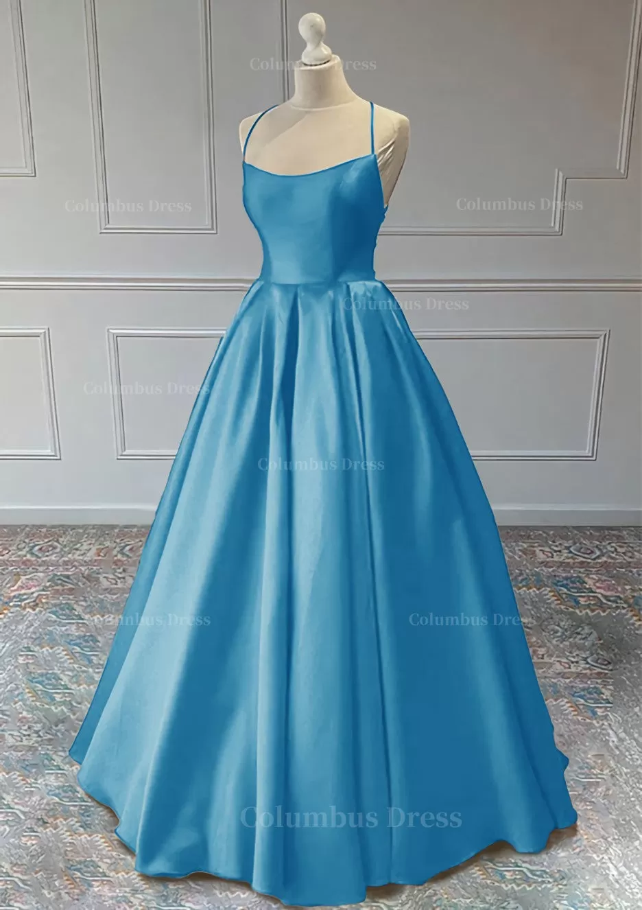 A line Sleeveless Square Neckline Long Formal Dresses, Floor-Length Satin Prom Dress