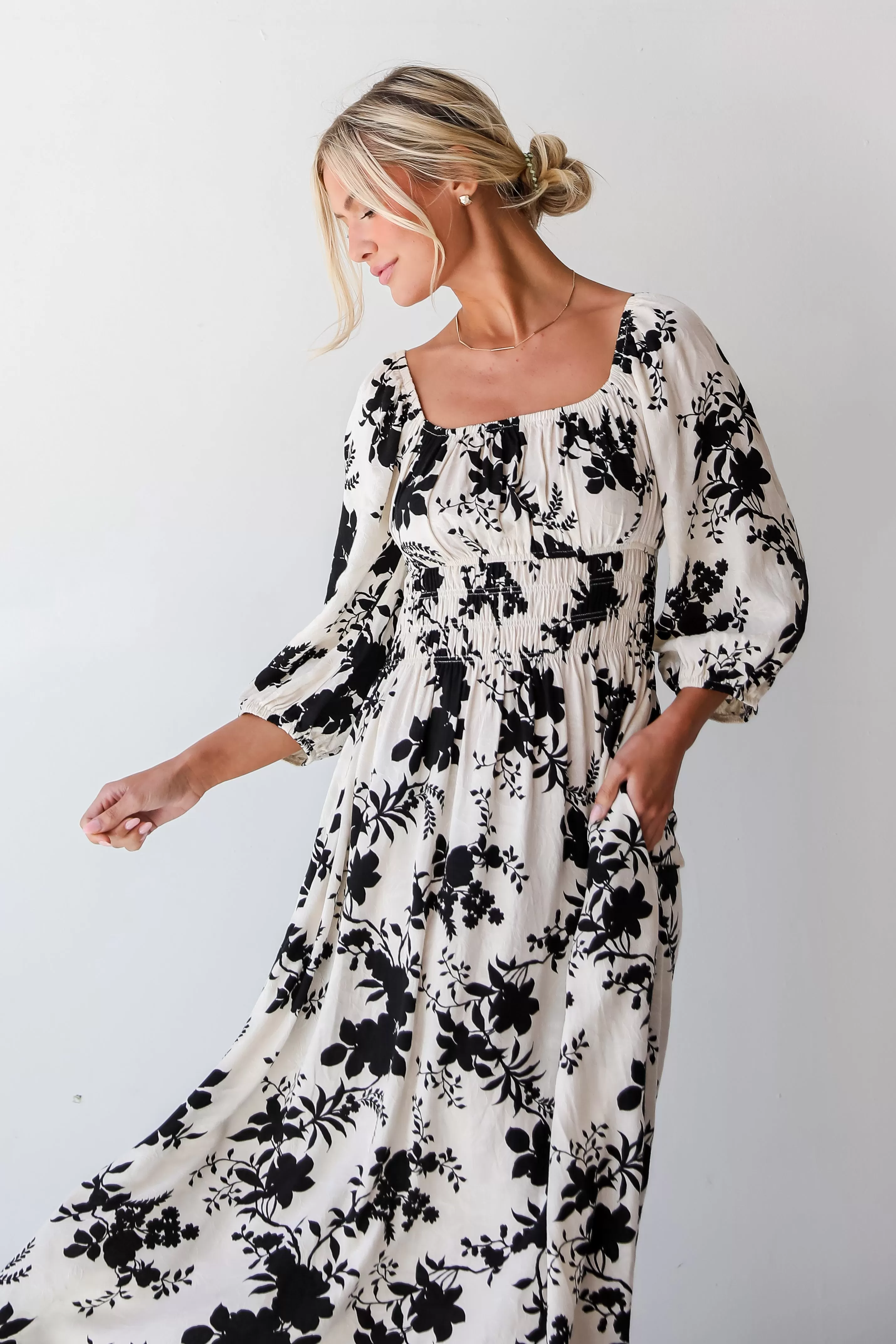 Adorably Elite Ivory Floral Midi Dress