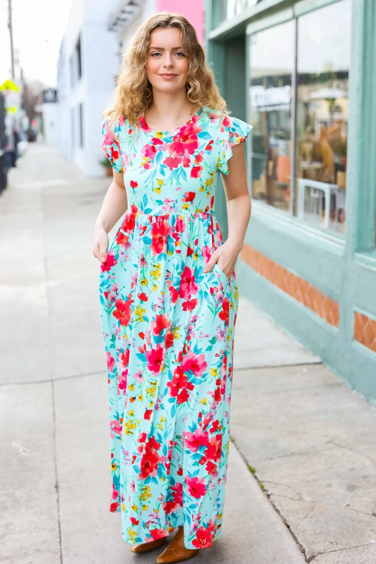 Aqua Floral Fit & Flare Maxi Dress