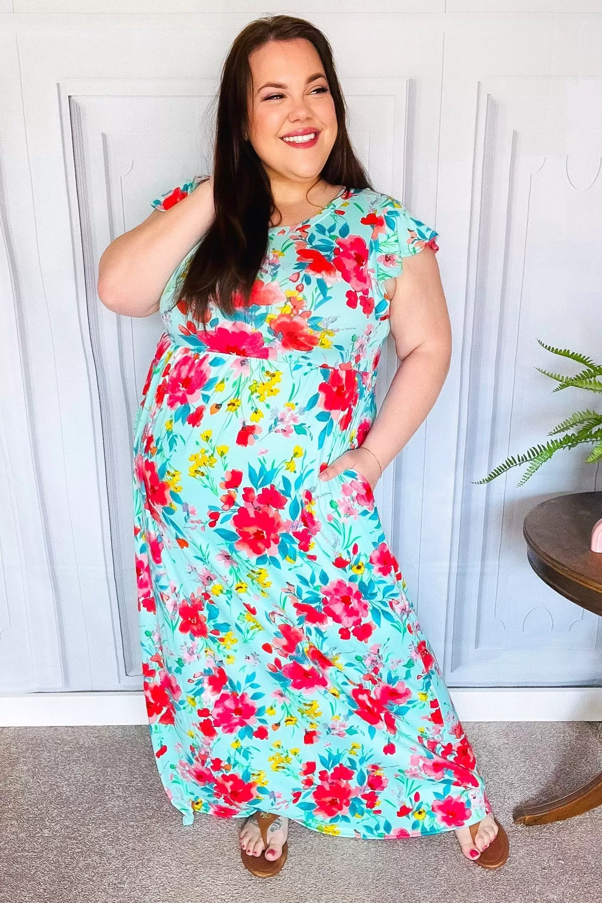 Aqua Floral Fit & Flare Maxi Dress