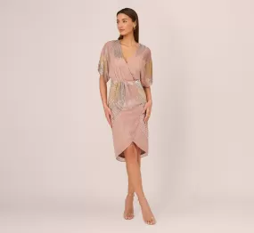 Beaded Faux Wrap Dress With Dolman Sleeves In Rose Gold