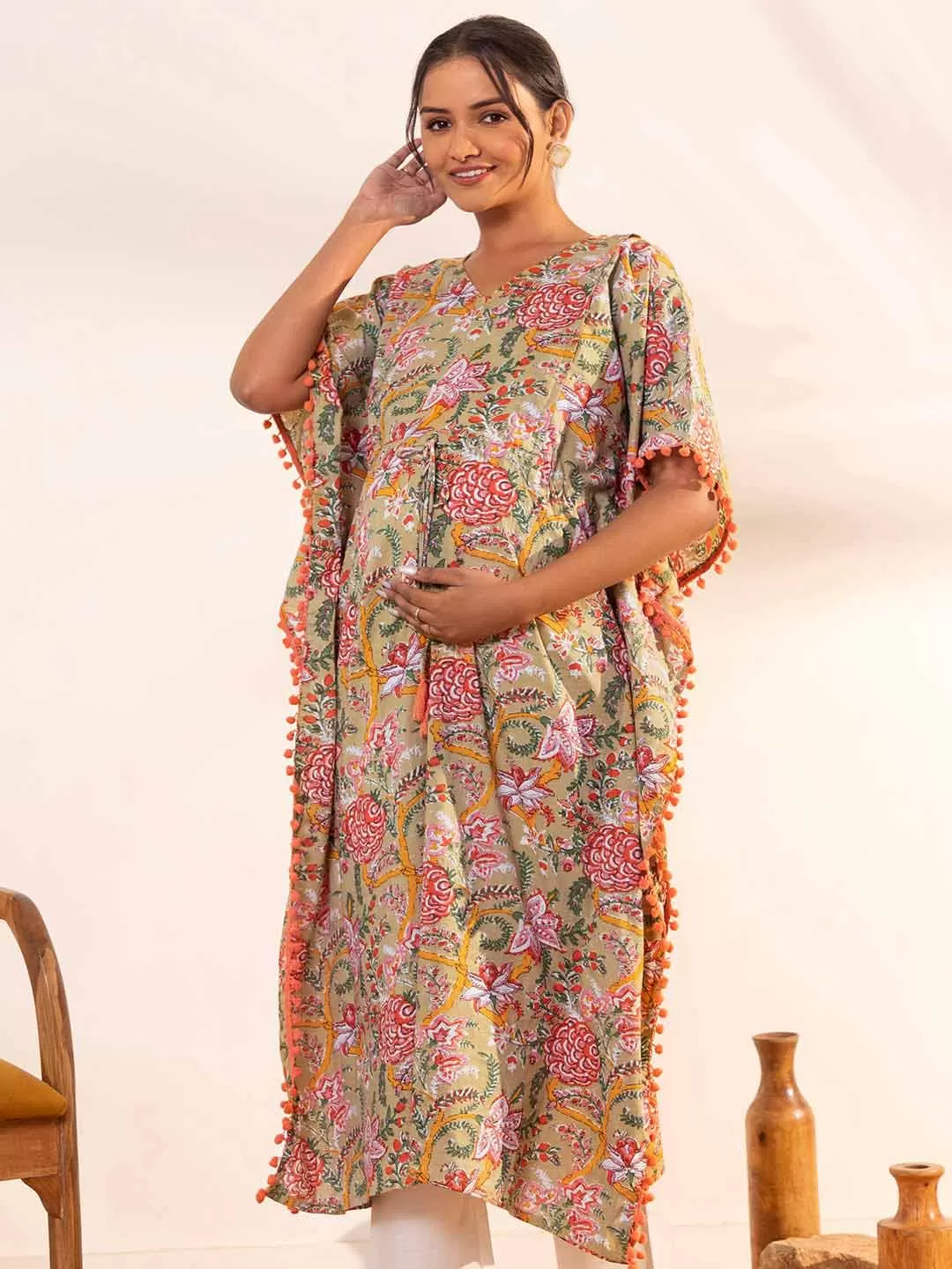 Beige Cotton Printed Kaftan Maternity Kurta