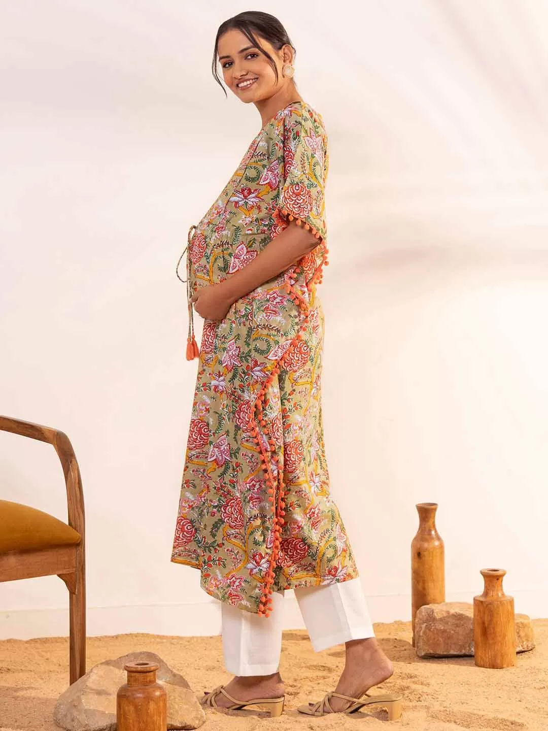 Beige Cotton Printed Kaftan Maternity Kurta