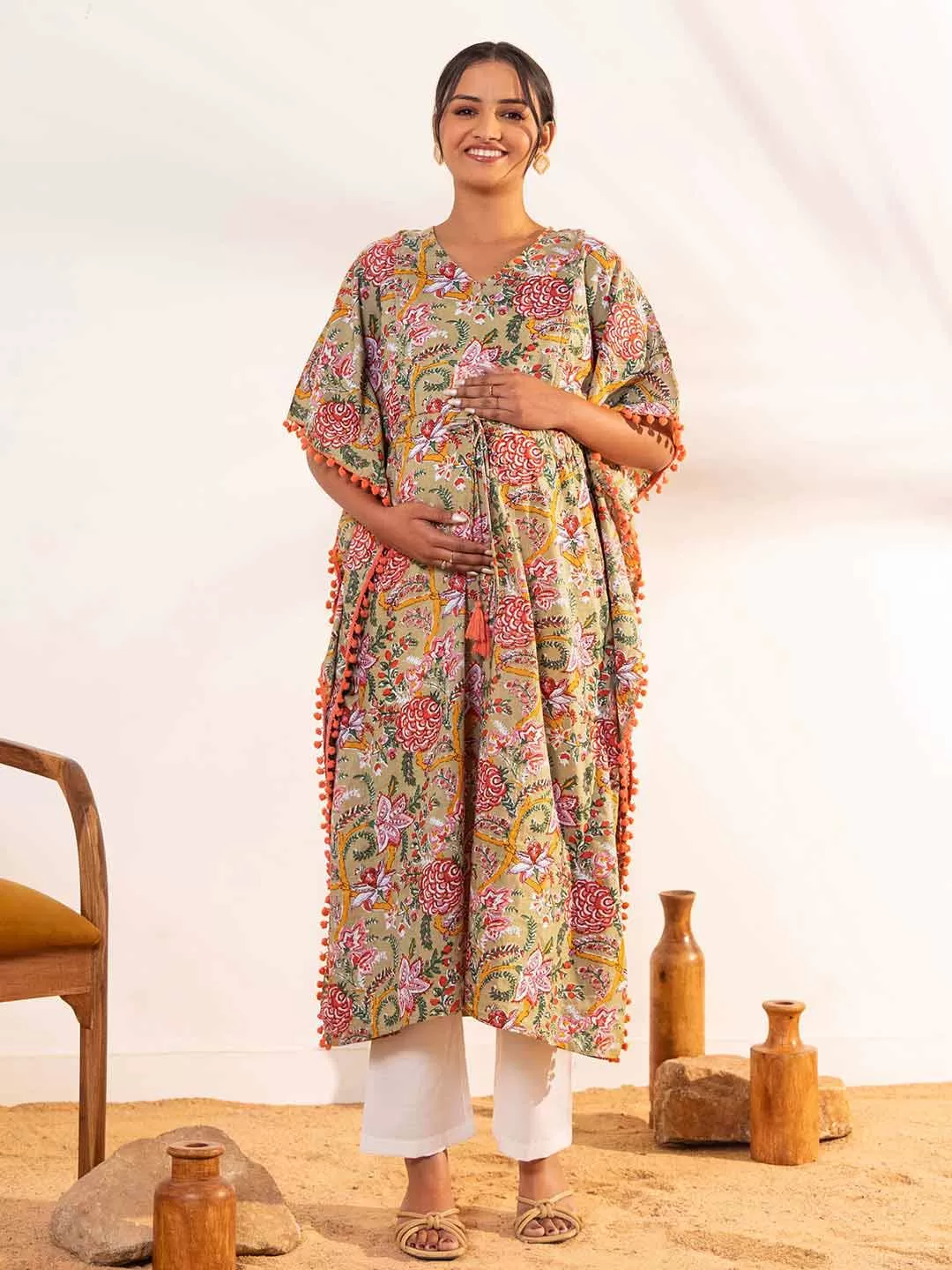 Beige Cotton Printed Kaftan Maternity Kurta