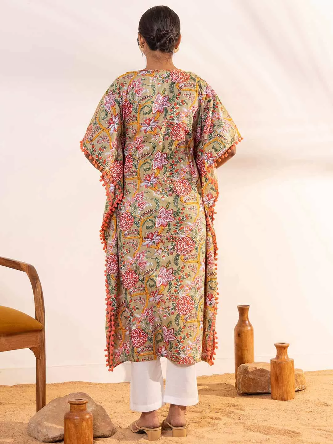 Beige Cotton Printed Kaftan Maternity Kurta