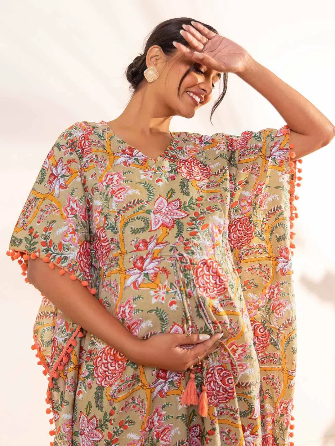 Beige Cotton Printed Kaftan Maternity Kurta