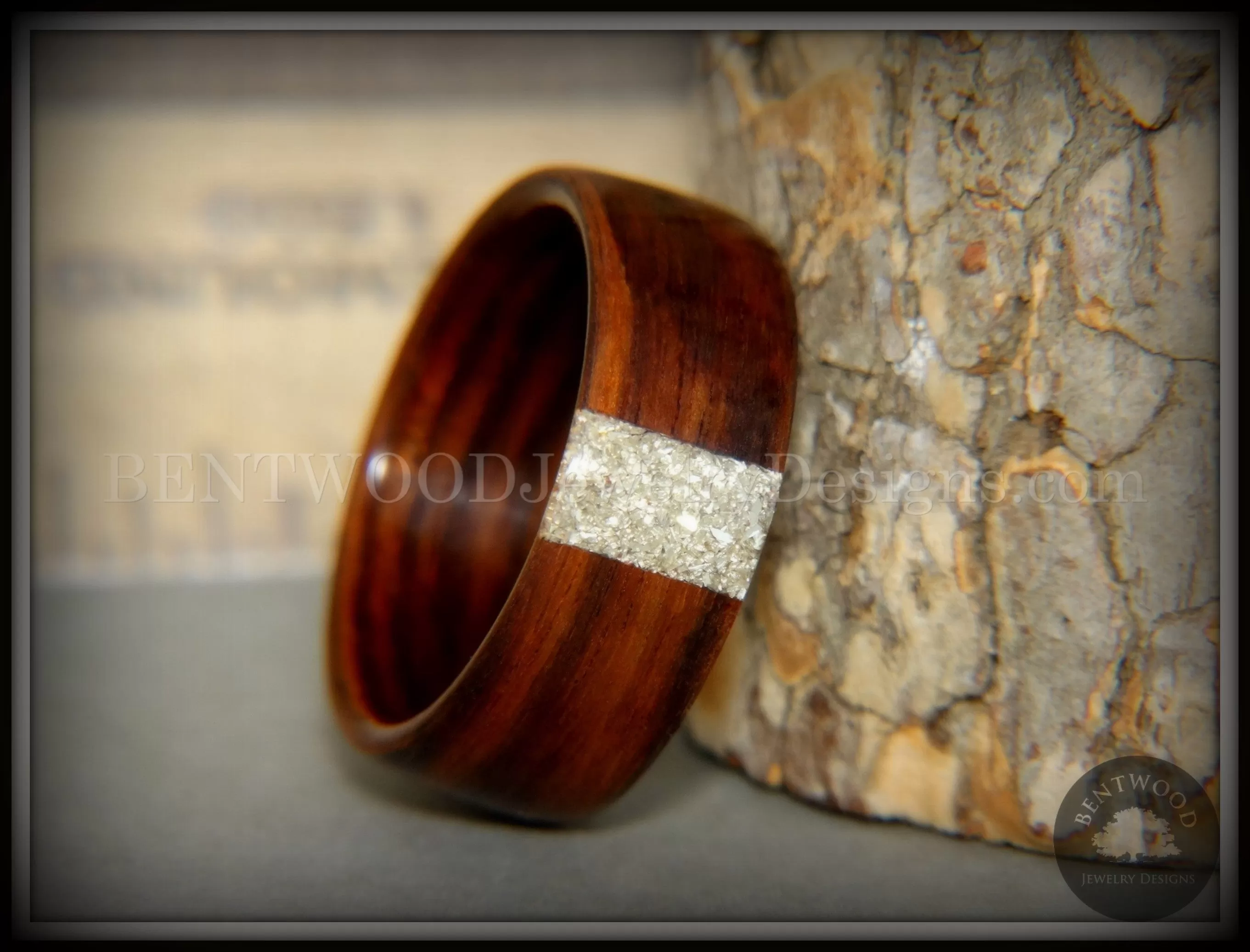 Bentwood Ring - Kingwood Wood Ring and Transverse Silver Glass Inlay