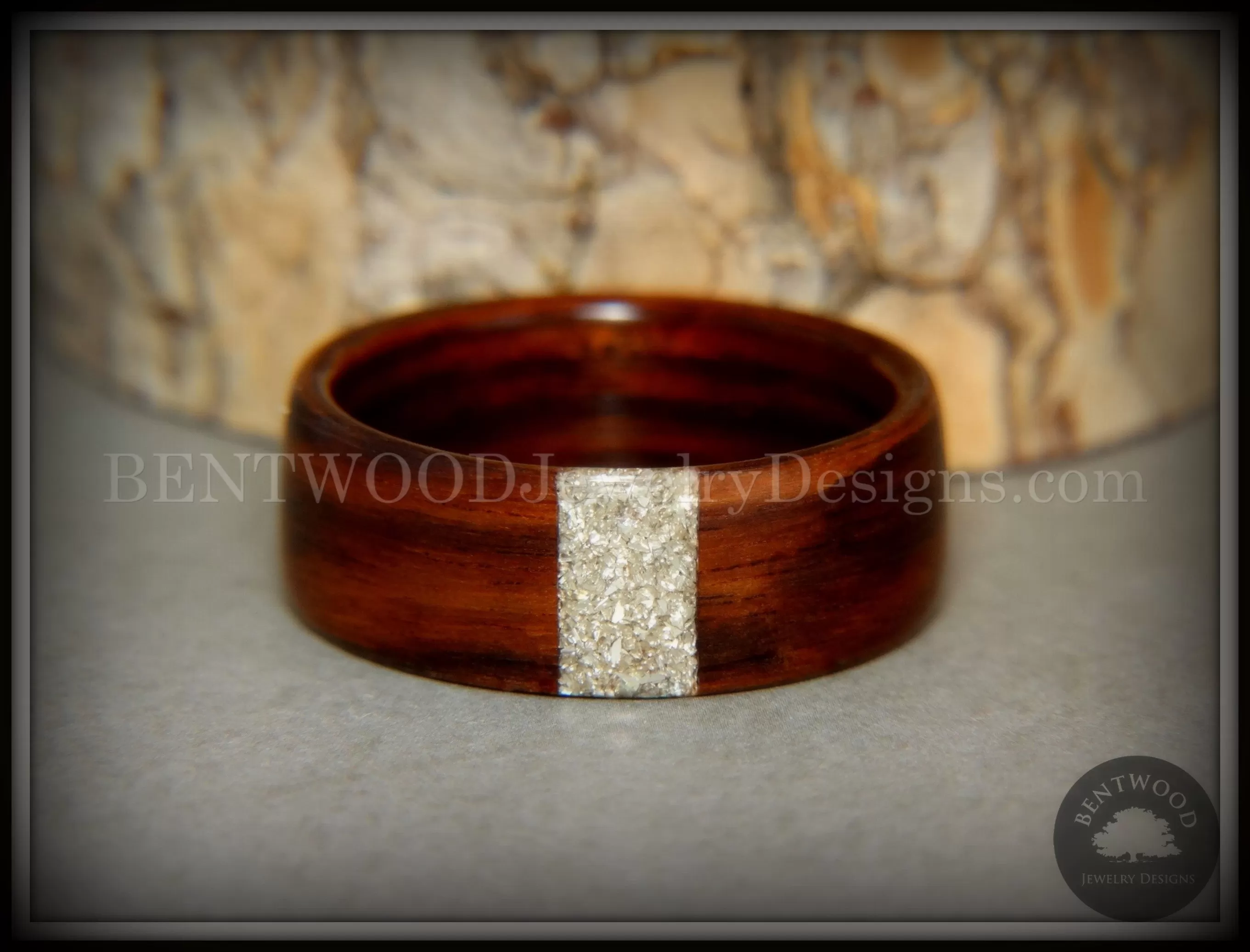 Bentwood Ring - Kingwood Wood Ring and Transverse Silver Glass Inlay