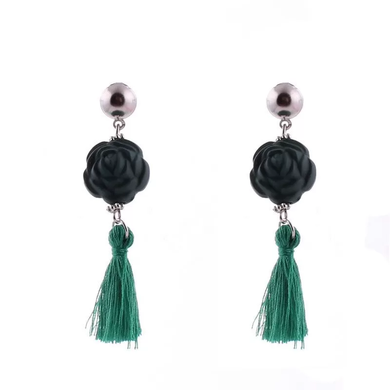 Black Rose and Tassel Earrings