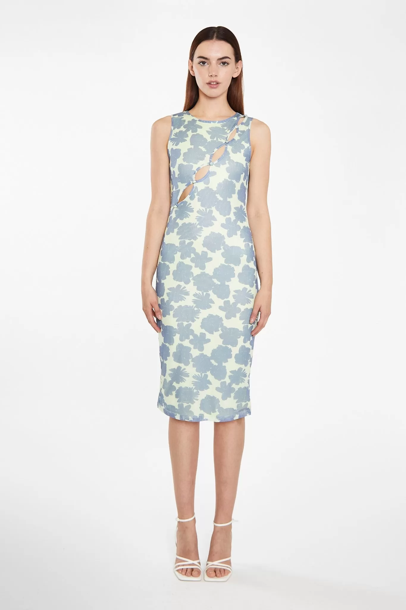 Blue-Green Floral Mesh Bodycon Cut-Out Midi-Dress