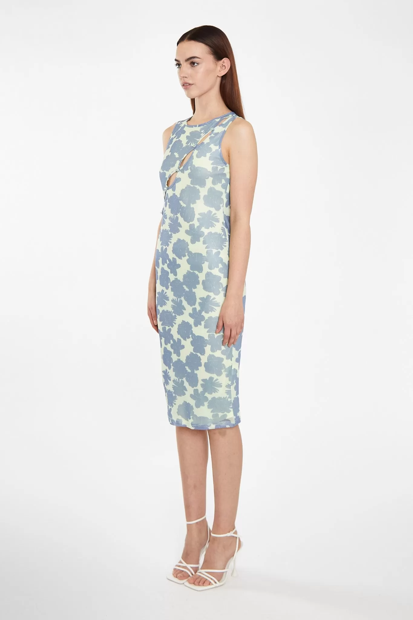 Blue-Green Floral Mesh Bodycon Cut-Out Midi-Dress