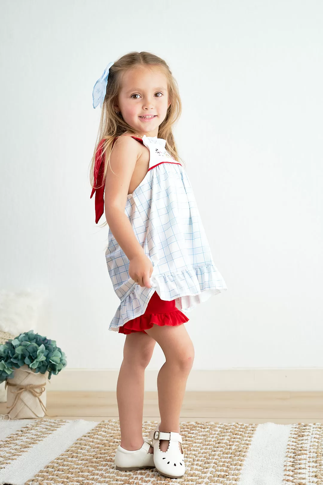 Blue plaid farm embroidery girl set