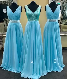 Blue v neck chiffon long prom dress, blue bridesmaid dress