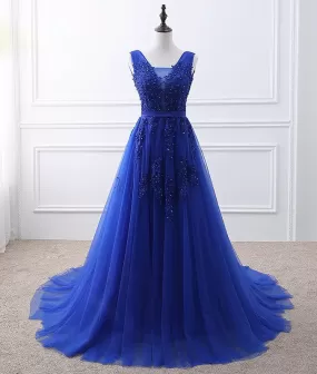 Blue v neck tulle lace long prom dress, blue evening dress