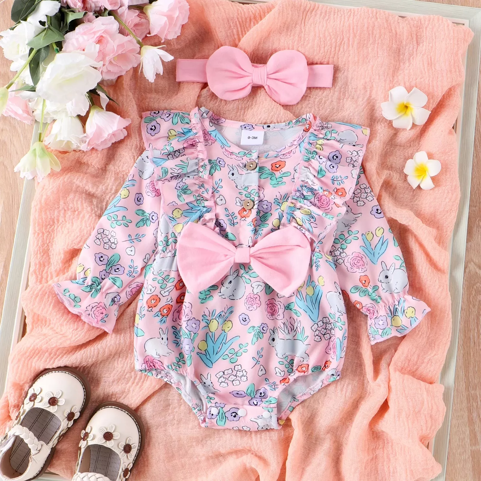 BUNNIES Floral Bowtie Romper with Headband