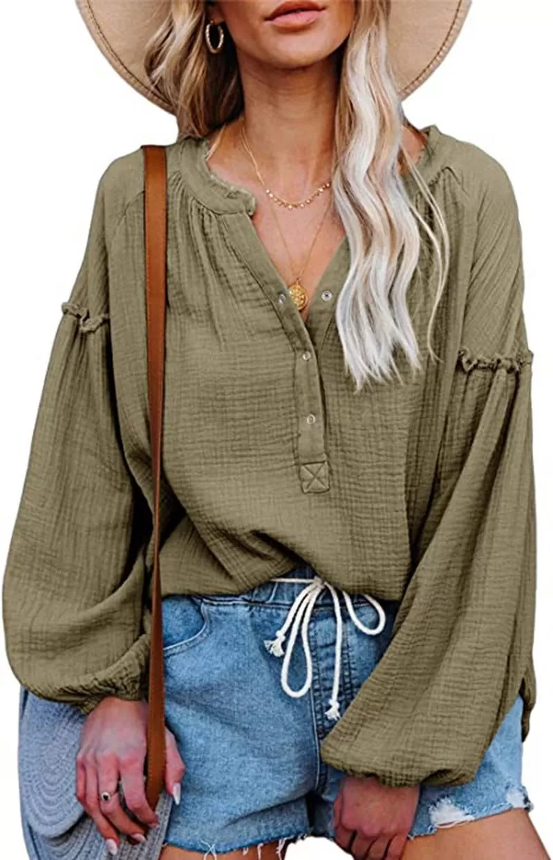 Button Up V-Neck Long Loose Sleeved Top