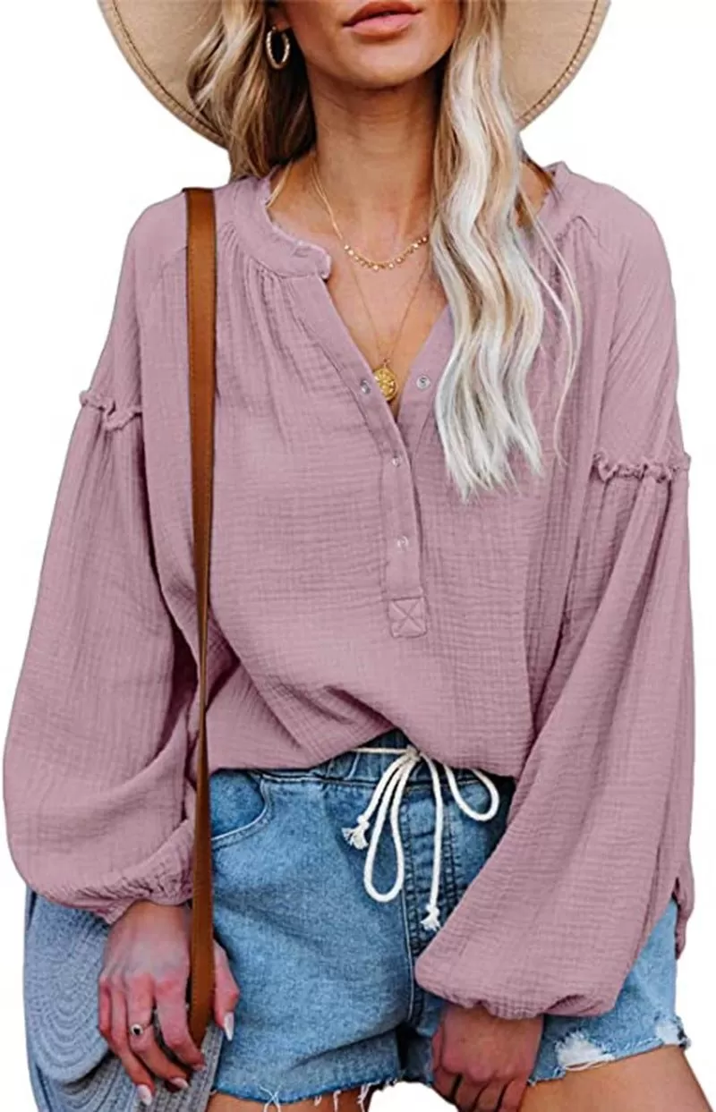 Button Up V-Neck Long Loose Sleeved Top