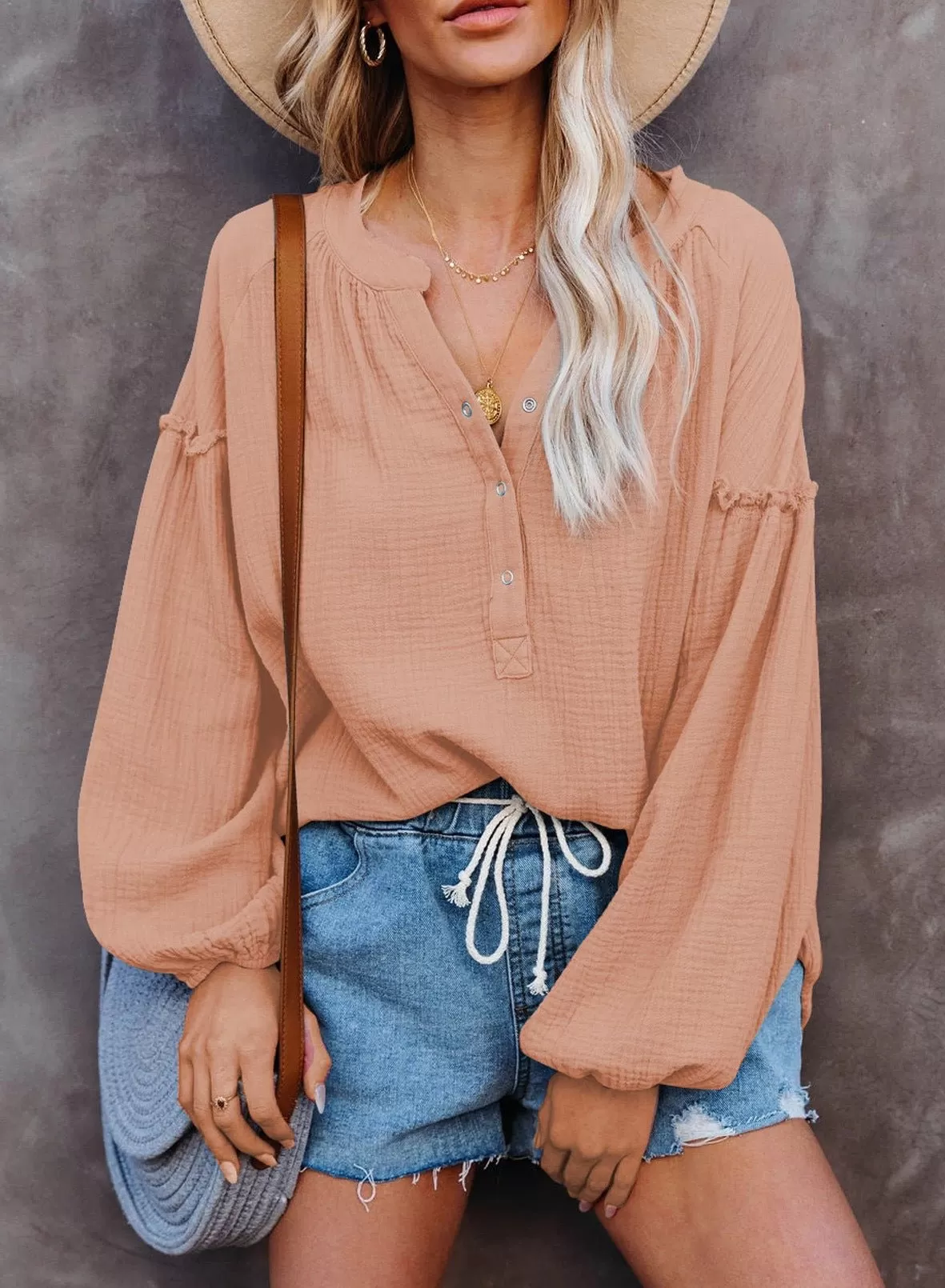 Button Up V-Neck Long Loose Sleeved Top