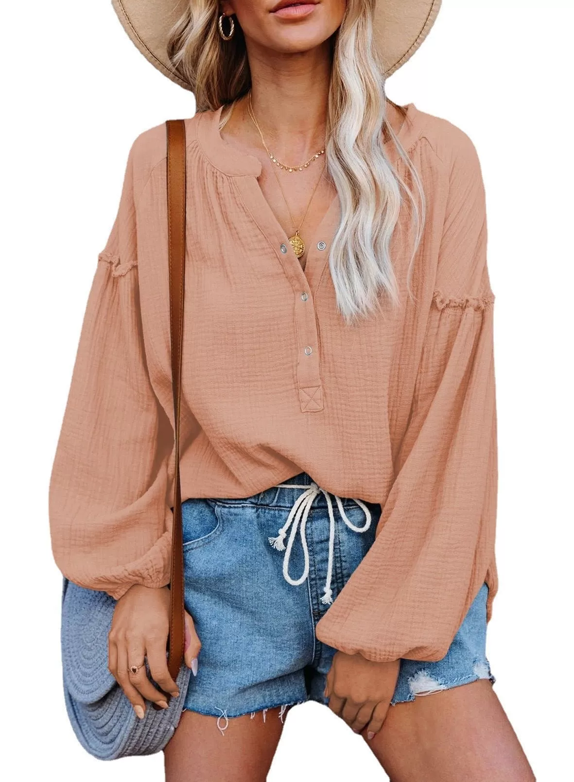 Button Up V-Neck Long Loose Sleeved Top