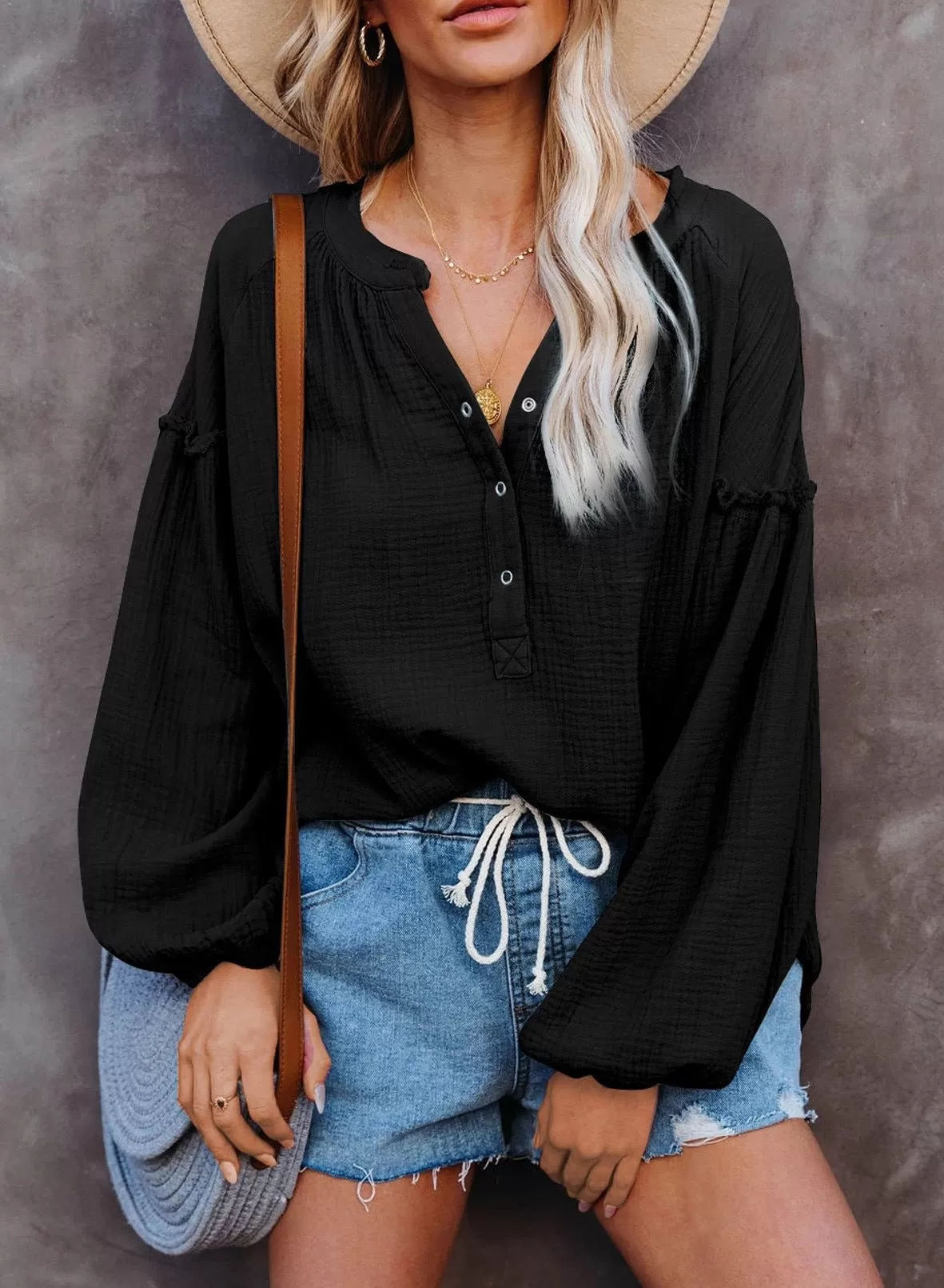 Button Up V-Neck Long Loose Sleeved Top