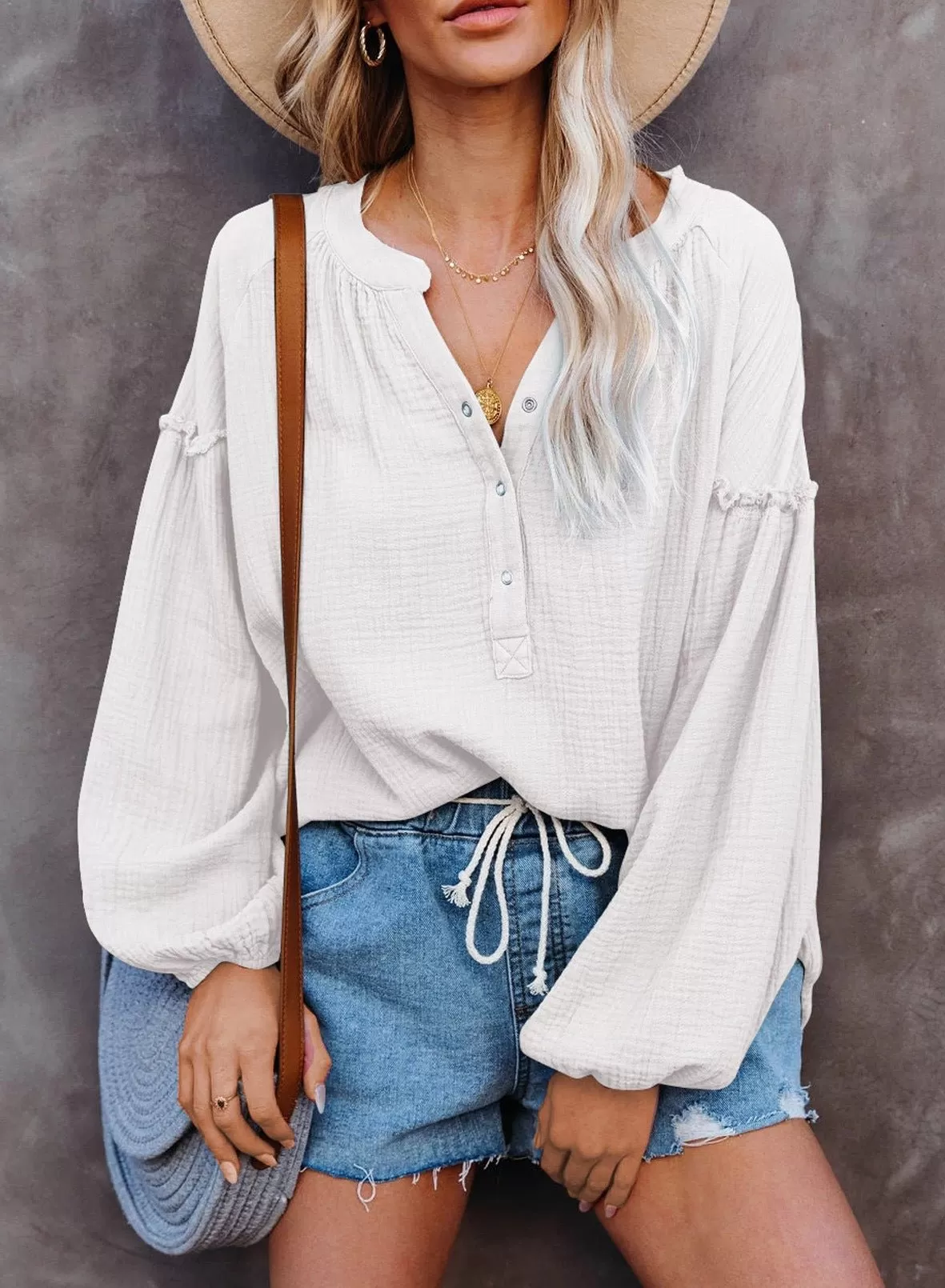 Button Up V-Neck Long Loose Sleeved Top