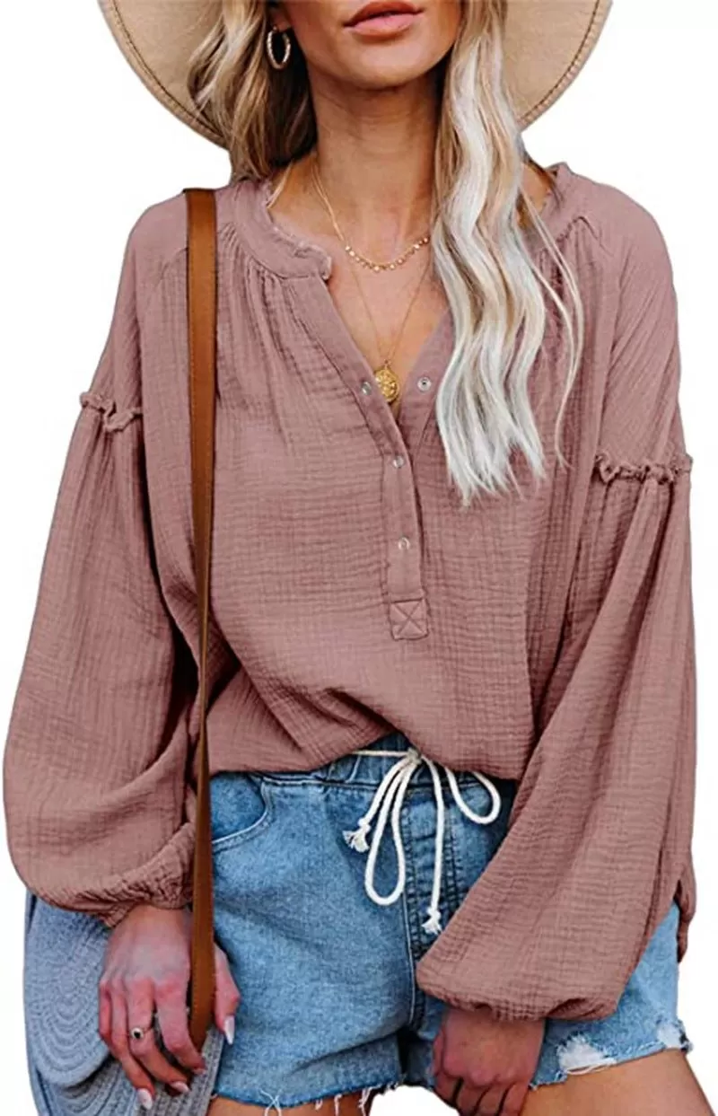 Button Up V-Neck Long Loose Sleeved Top