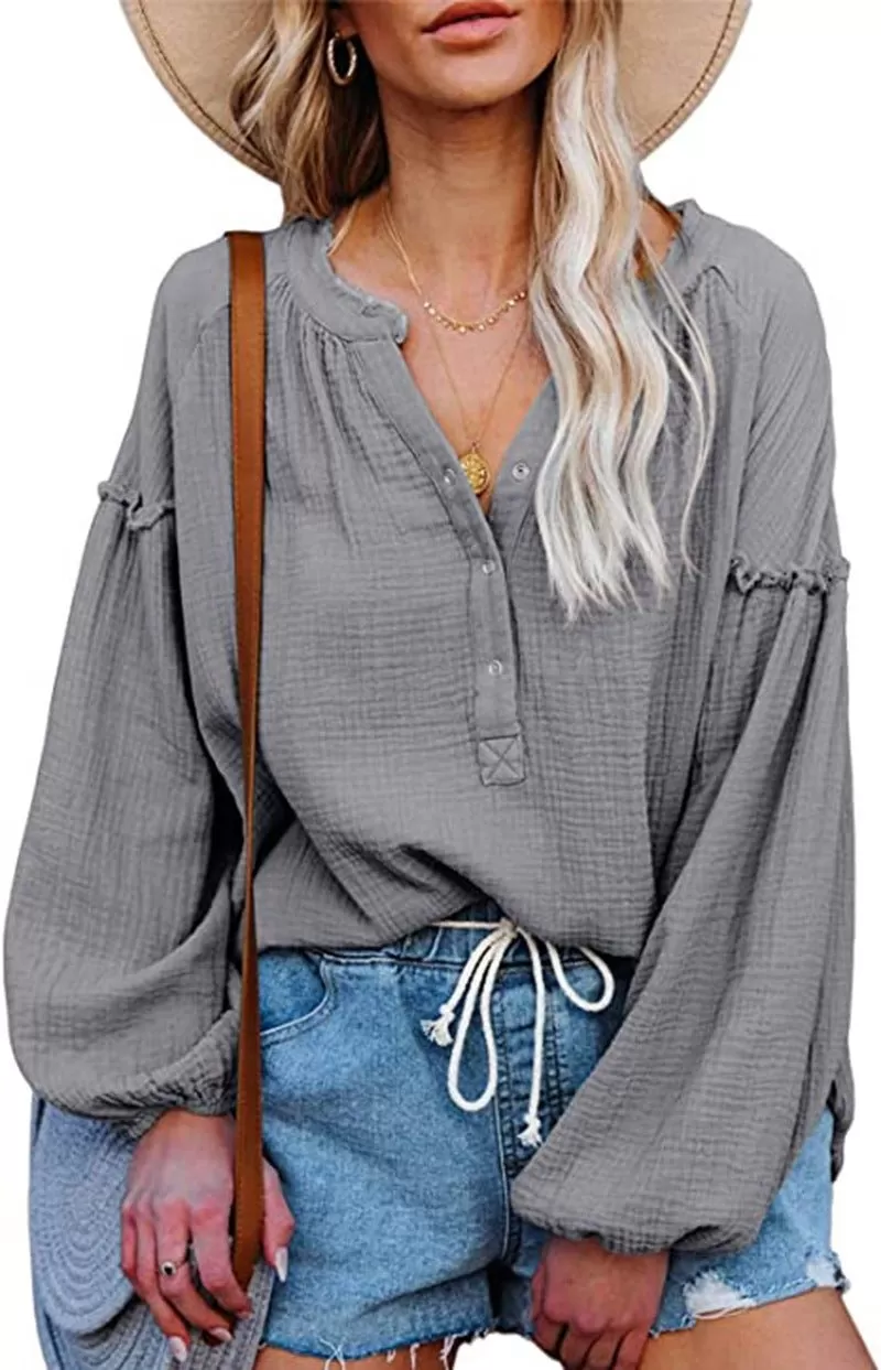 Button Up V-Neck Long Loose Sleeved Top