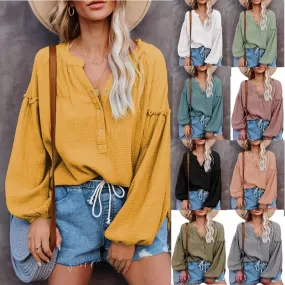 Button Up V-Neck Long Loose Sleeved Top