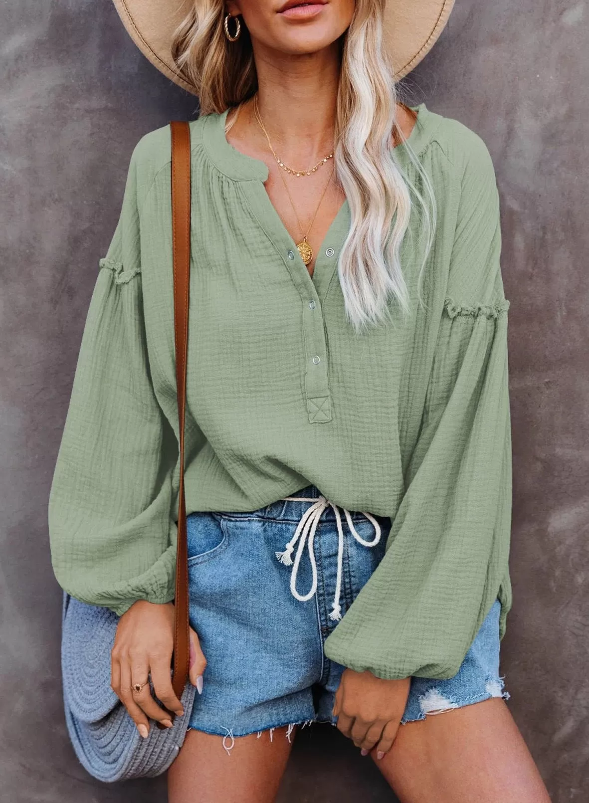 Button Up V-Neck Long Loose Sleeved Top