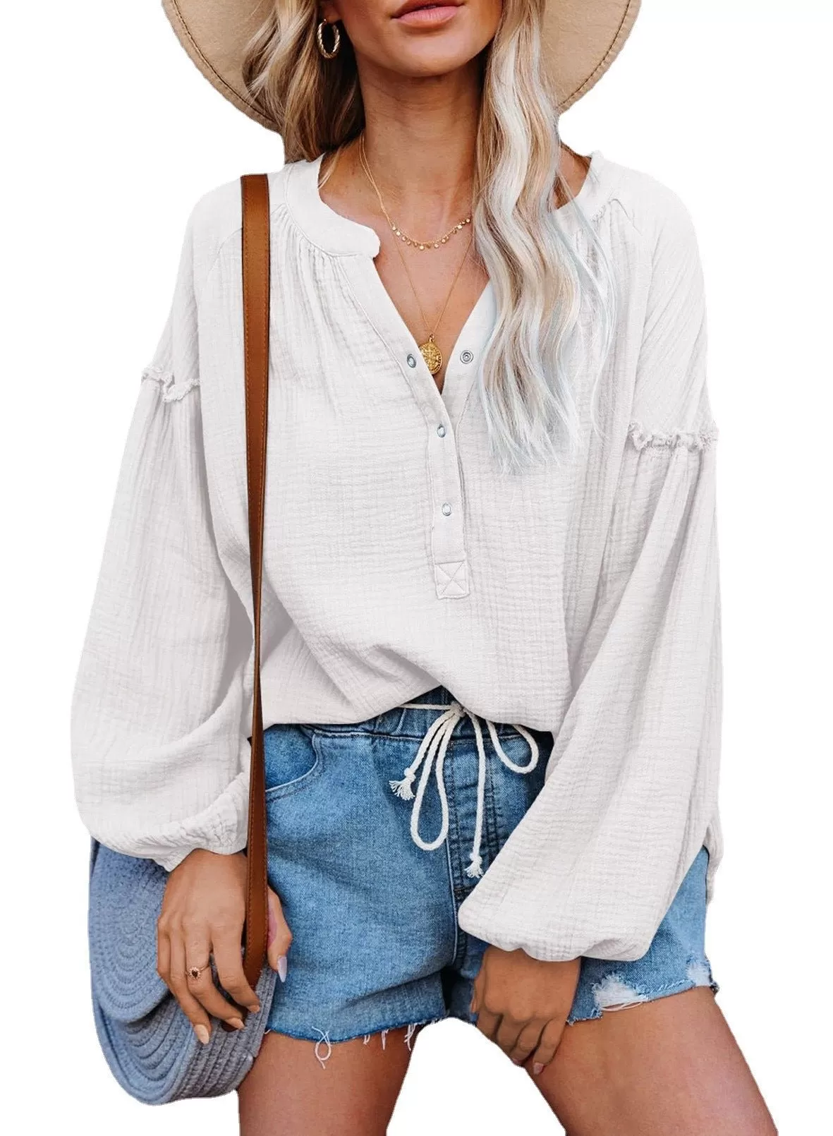 Button Up V-Neck Long Loose Sleeved Top