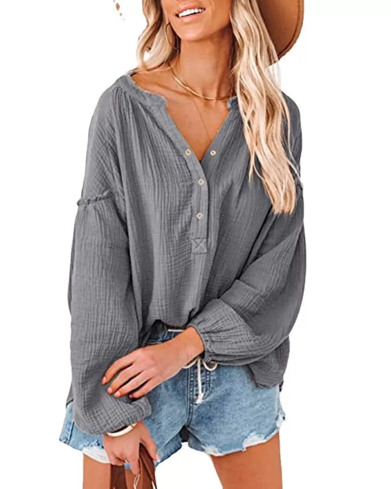 Button Up V-Neck Long Loose Sleeved Top