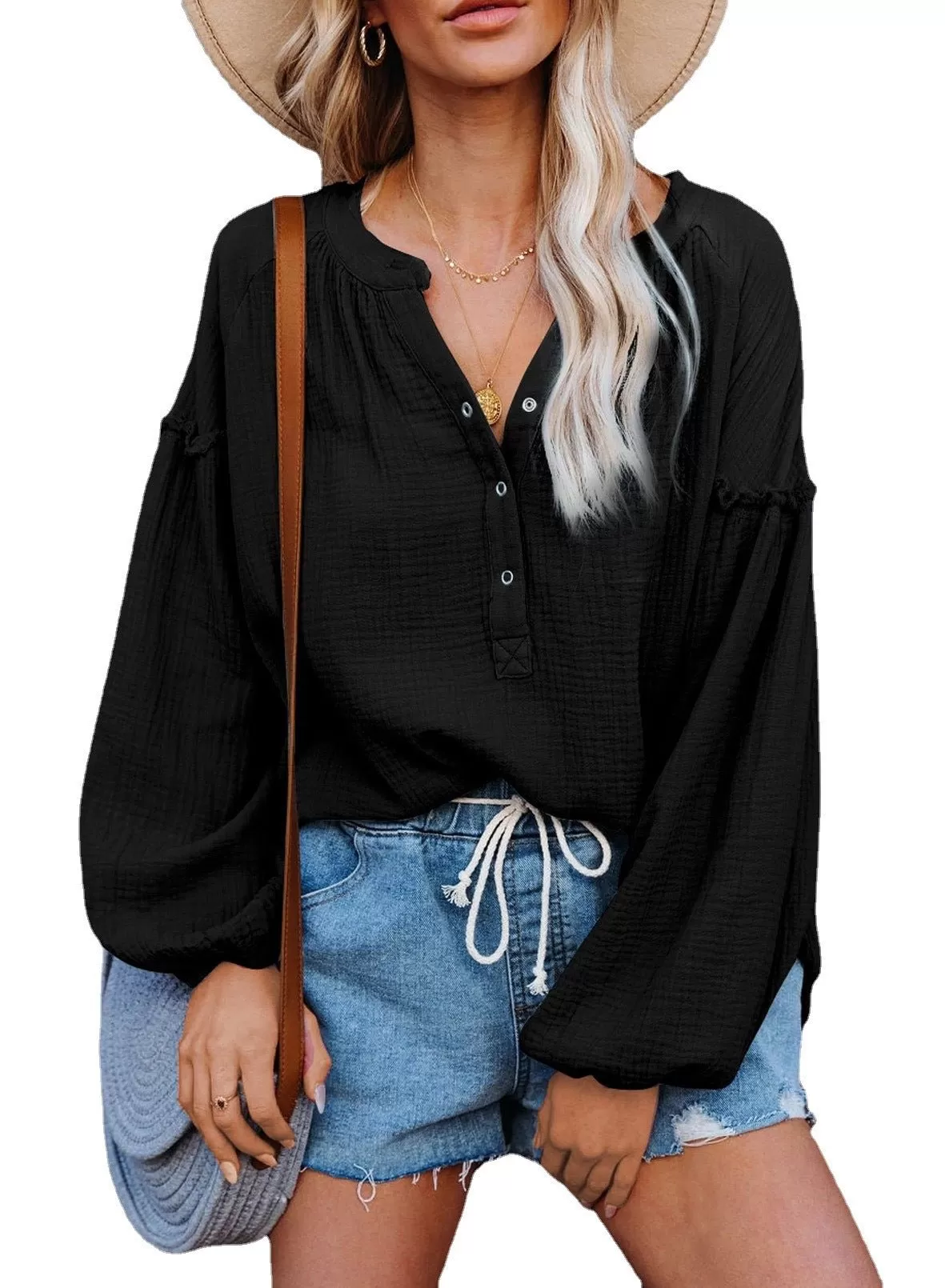 Button Up V-Neck Long Loose Sleeved Top